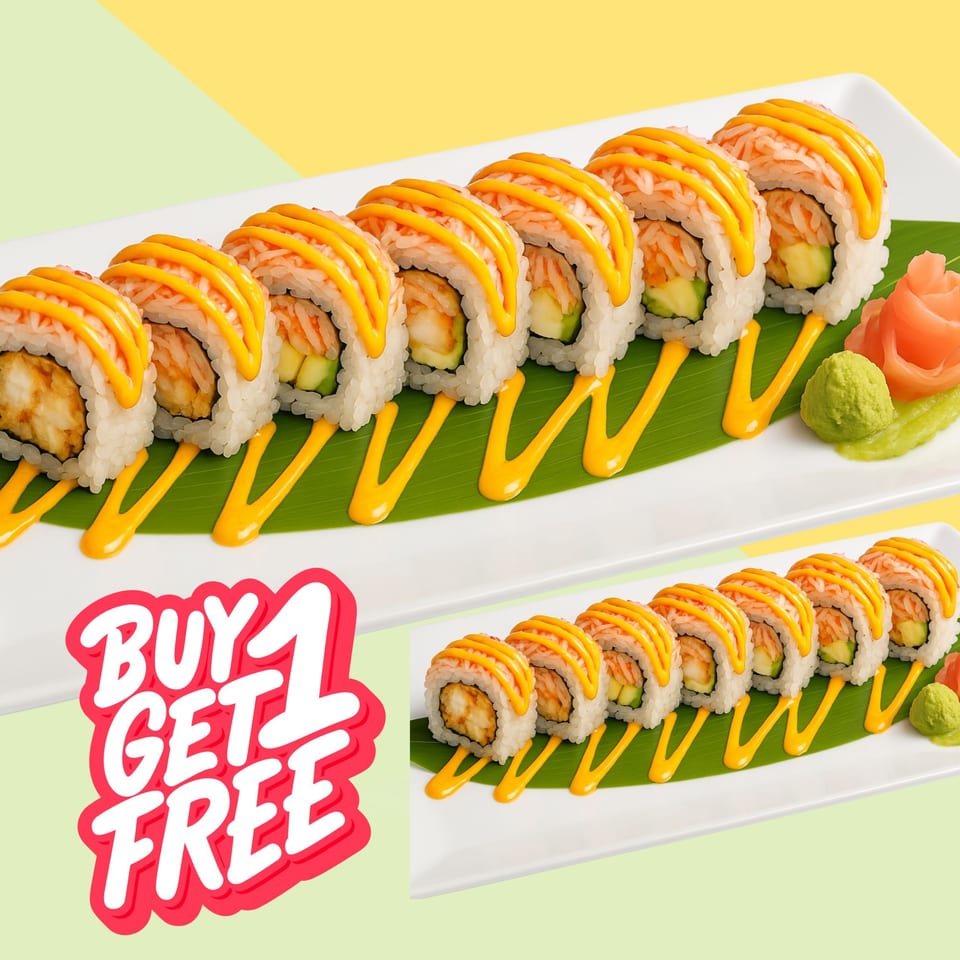 Two plates of Running Sushi rolls with orange sauce, wasabi, and ginger, with a 'Buy 1 Get 1 Free' graphic.