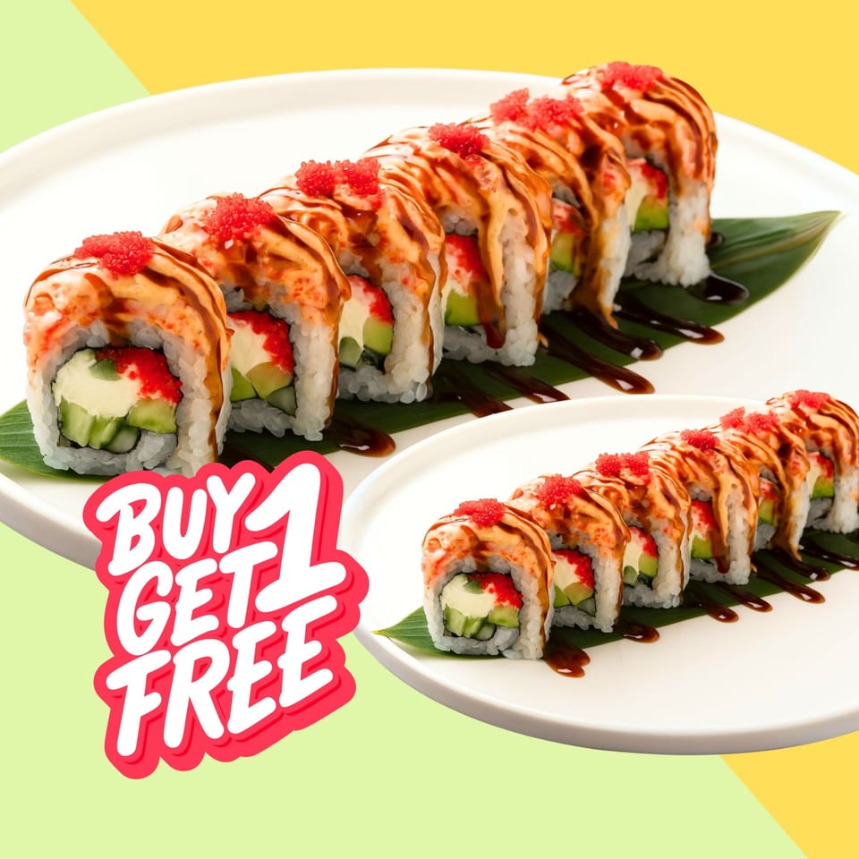 Two plates of Running Sushi rolls with red roe, sauce, and a 'Buy 1 Get 1 Free' graphic.