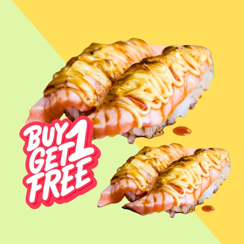 Two pairs of salmon nigiri sushi with sauce, and a 'Buy 1 Get 1 Free' graphic.